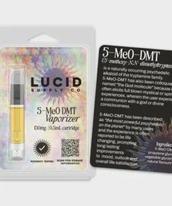 5-MeO-DMT (5-methoxy-N,N-dimethyltryptamine) is a naturally occurring psychedelic alkaloid of the tryptamine family, and a close relative of N, N- DMT. 5-MeO-DMT is commonly referred to as “Toad Venom” or “The Toad” due to the fact that in nature, one of the only places it can be found is the secretions of certain amphibian species (the Sonoran Desert Toad/Colorado River Toad). 5-MeO-DMT has also been colloquially named “the God molecule” because it often elicits full blown mystical or spiritual experiences, wherein the subject alleges a communion with god or a divine consciousness. Lucid Supply Co 5 MeO DMT Vaporizer 150mg Cartridge